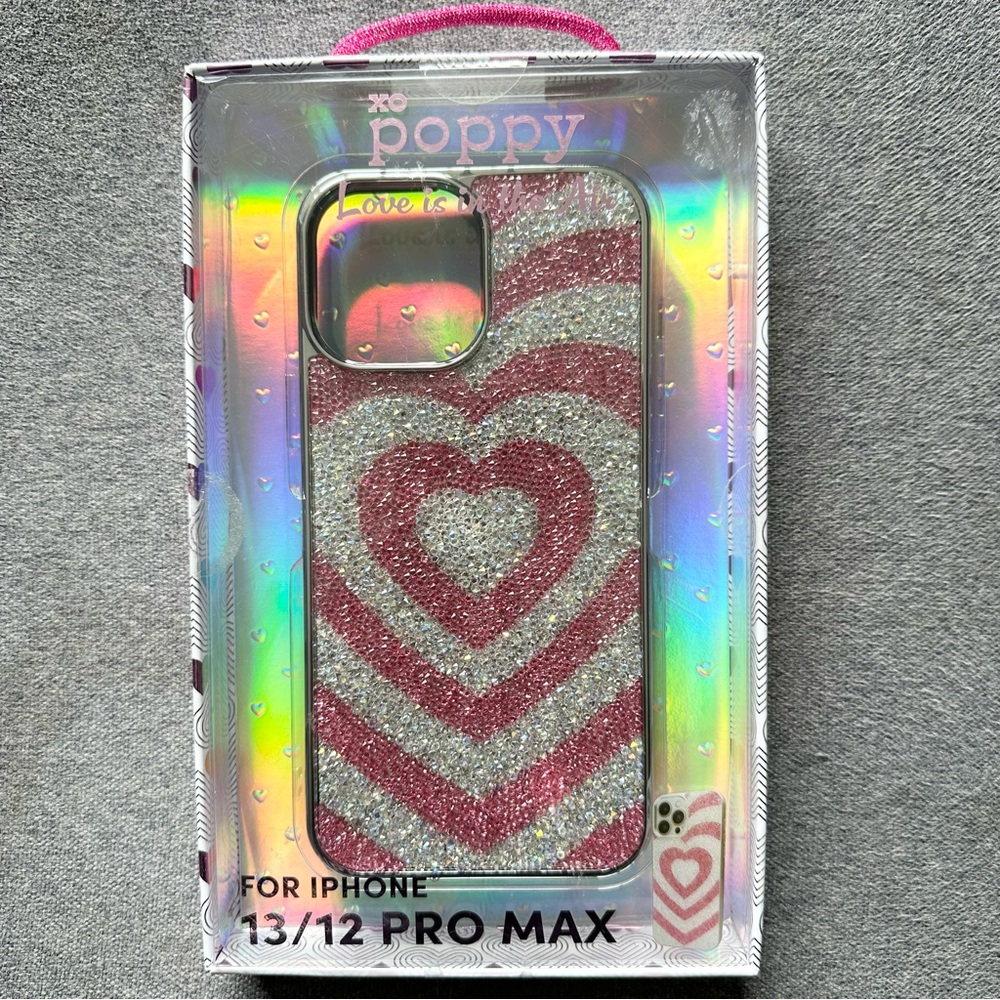 New Bling Pink Silver Rhinestone Heart iPhone 13/12โ Pro Max Case xo poppy